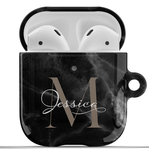 Monogram Personalized Black Marble AirPods Case